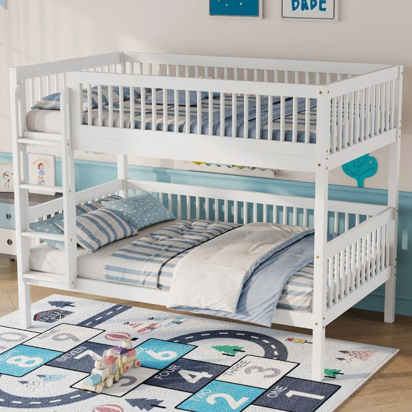 English Elm Twin Over Rubberwood Bunk Bed with Pull-Out Trundle for Kids Shared Rooms White Bunk Bed Standard W504S00299
