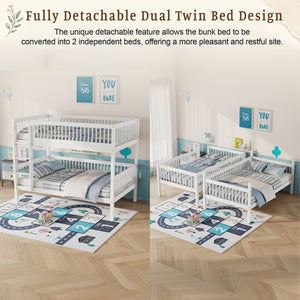 English Elm Twin Over Rubberwood Bunk Bed with Pull-Out Trundle for Kids Shared Rooms White Bunk Bed Standard W504S00299