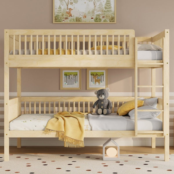 English Elm Twin Over Rubberwood Bunk Bed with Pull-Out Trundle for Kids Shared Rooms Natural Bunk Bed Standard W504S00300