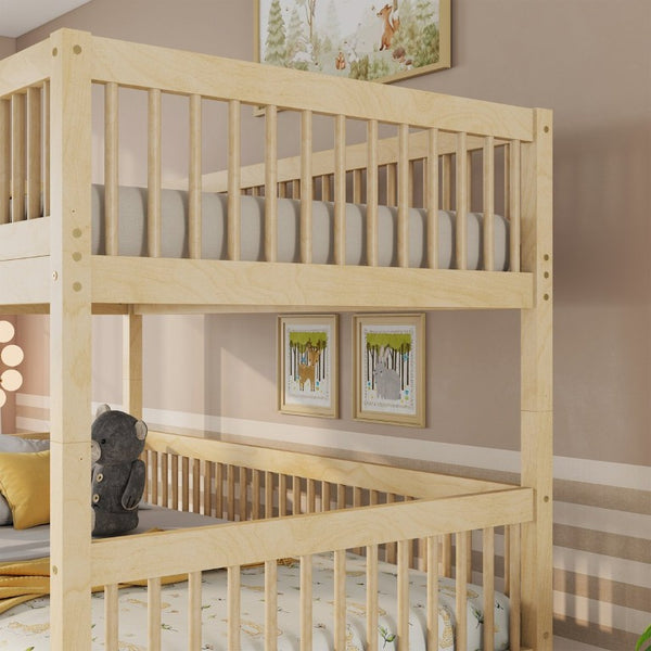 English Elm Twin Over Rubberwood Bunk Bed with Pull-Out Trundle for Kids Shared Rooms Natural Bunk Bed Standard W504S00300