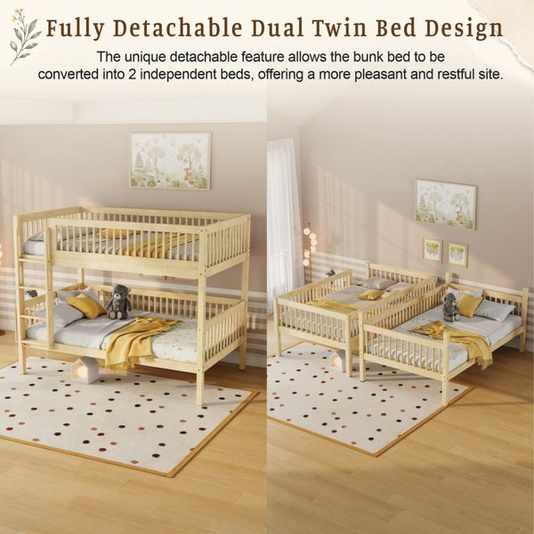 English Elm Twin Over Rubberwood Bunk Bed with Pull-Out Trundle for Kids Shared Rooms Natural Bunk Bed Standard W504S00300