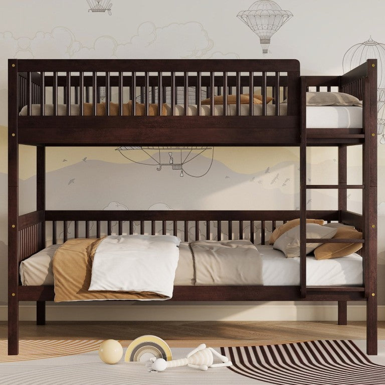 English Elm Twin Over Pine Wood Bunk Bed Convertible Rustic Kids Guest Room Sleeper Espresso 78.7 L x 43.7 W x 60.7 H W504S00301