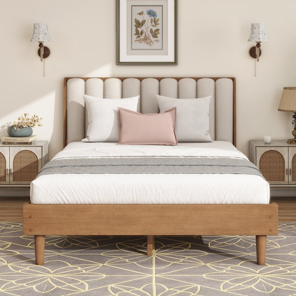 English Elm Queen Pine Wood Bed Segmented Padded Headboard Upholstered Frame for Bedroom W504S00315