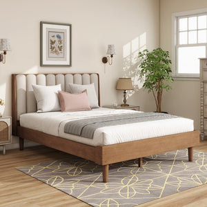 English Elm Queen Pine Wood Bed Segmented Padded Headboard Upholstered Frame for Bedroom W504S00315