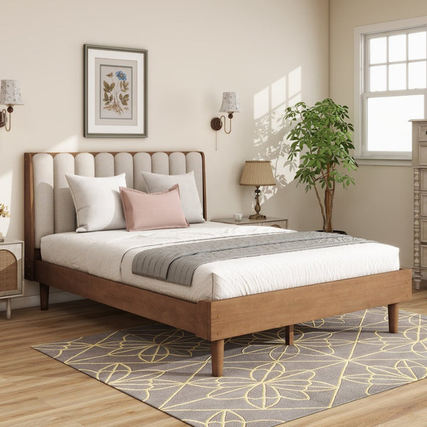 English Elm Queen Pine Wood Bed Segmented Padded Headboard Upholstered Frame for Bedroom W504S00315