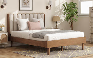 English Elm Queen Pine Wood Bed Segmented Padded Headboard Upholstered Frame for Bedroom W504S00315