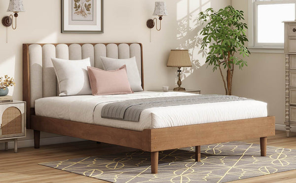 English Elm Queen Pine Wood Bed Segmented Padded Headboard Upholstered Frame for Bedroom W504S00315
