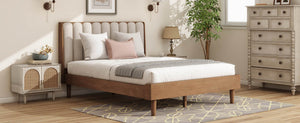 English Elm Queen Pine Wood Bed Segmented Padded Headboard Upholstered Frame for Bedroom W504S00315