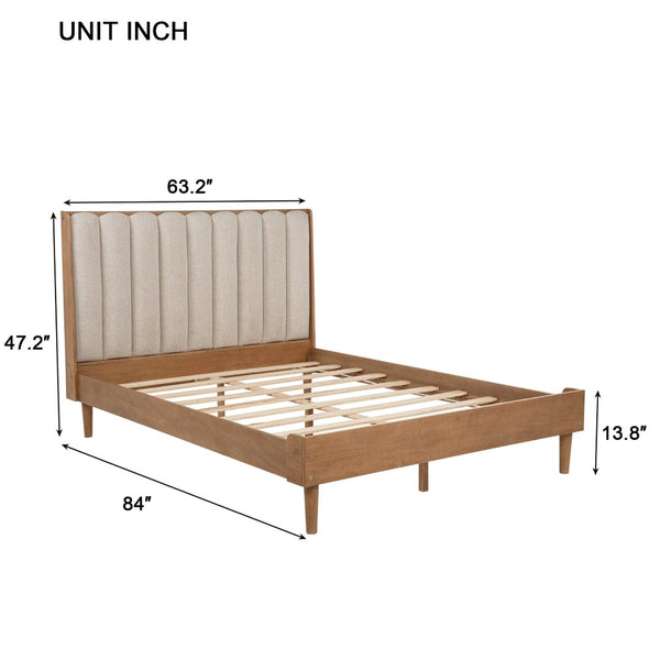 English Elm Queen Pine Wood Bed Segmented Padded Headboard Upholstered Frame for Bedroom W504S00315