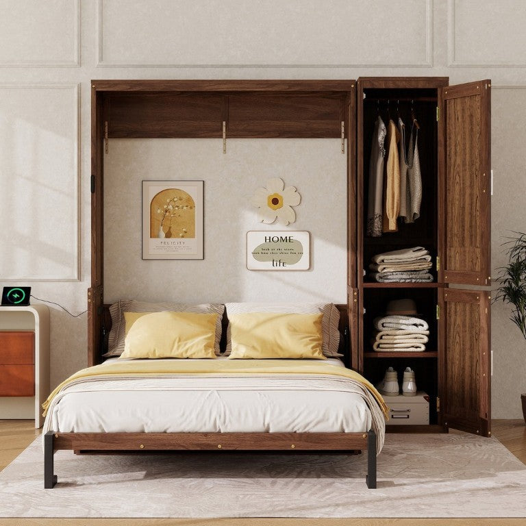 English Elm Queen Murphy Bed Walnut Cabinet with Wardrobe Desk Gas Struts and Charging Station W504S00317