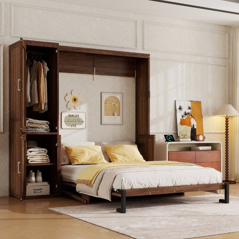 English Elm Queen Murphy Bed Walnut Cabinet with Wardrobe Desk Gas Struts and Charging Station W504S00317