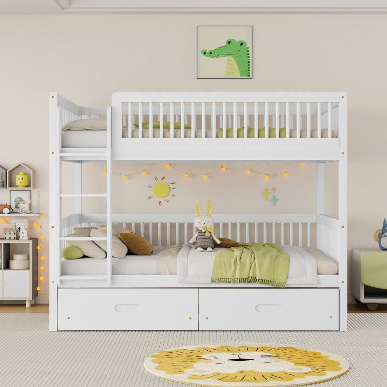 English Elm Twin Over Rubberwood Bunk Bed with Pull-Out Trundle for Kids Shared Rooms White Bunk Bed with 2 Drawers W504S00330