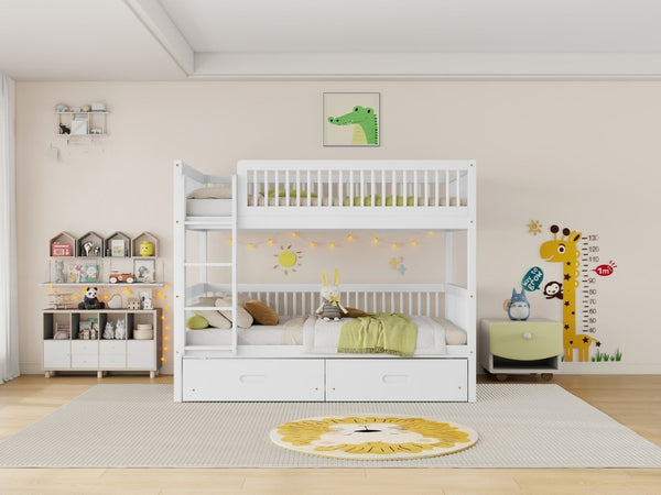English Elm Twin Over Rubberwood Bunk Bed with Pull-Out Trundle for Kids Shared Rooms White Bunk Bed with 2 Drawers W504S00330