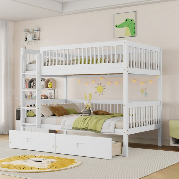English Elm Twin Over Rubberwood Bunk Bed with Pull-Out Trundle for Kids Shared Rooms White Bunk Bed with 2 Drawers W504S00330