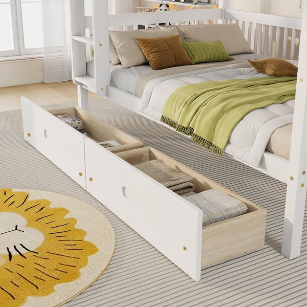 English Elm Twin Over Rubberwood Bunk Bed with Pull-Out Trundle for Kids Shared Rooms White Bunk Bed with 2 Drawers W504S00330