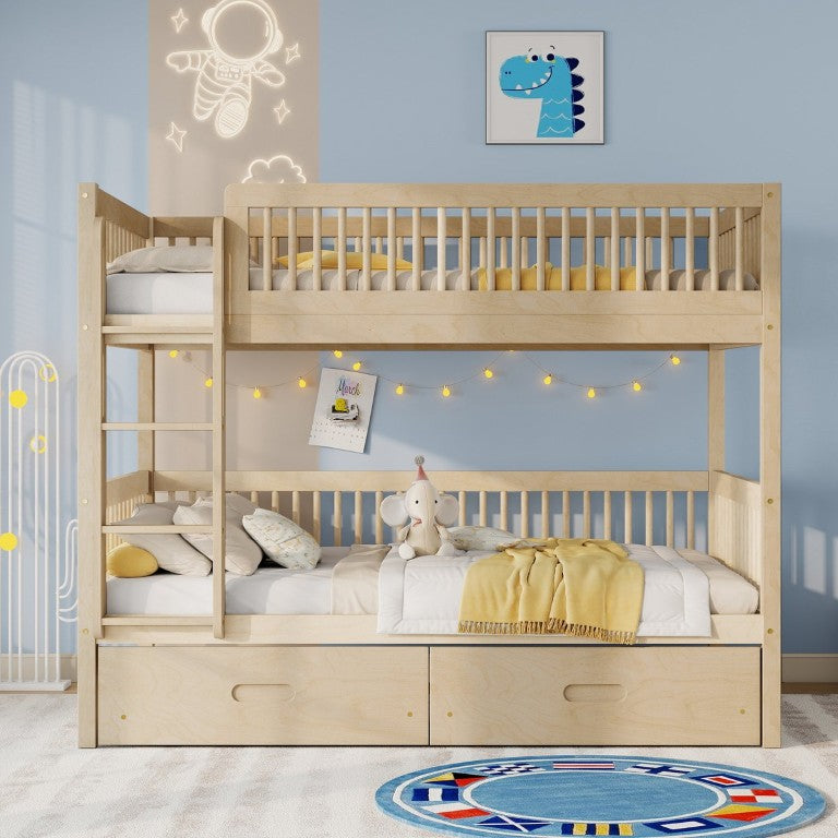 English Elm Twin Over Solid Wood Bunk Bed Convertible Kids Design with Storage Drawers Guardrails Pine 78.7 L x 43.7 W x 60.7 H W504S00331