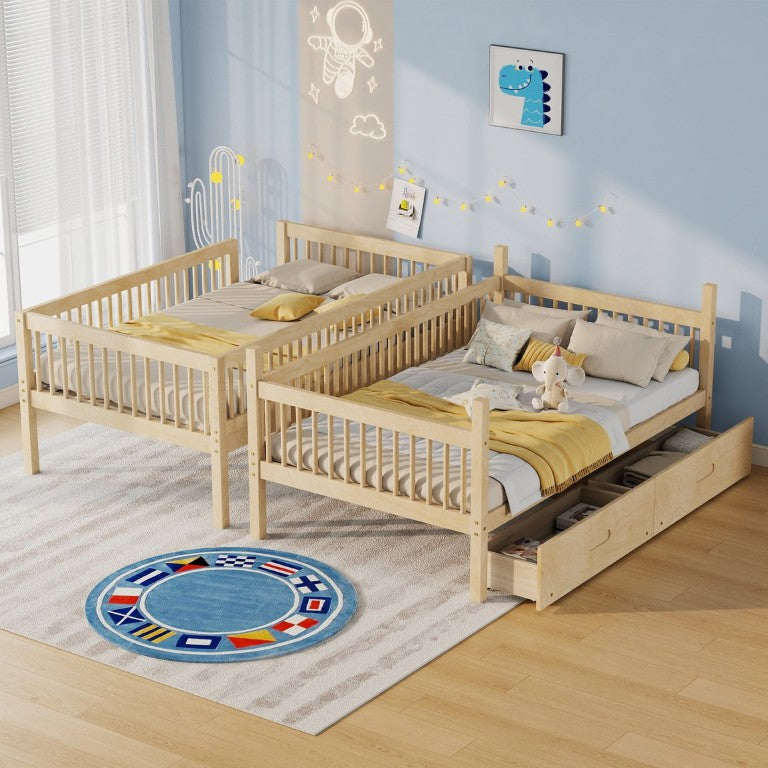English Elm Twin Over Solid Wood Bunk Bed Convertible Kids Design with Storage Drawers Guardrails Pine 78.7 L x 43.7 W x 60.7 H W504S00331