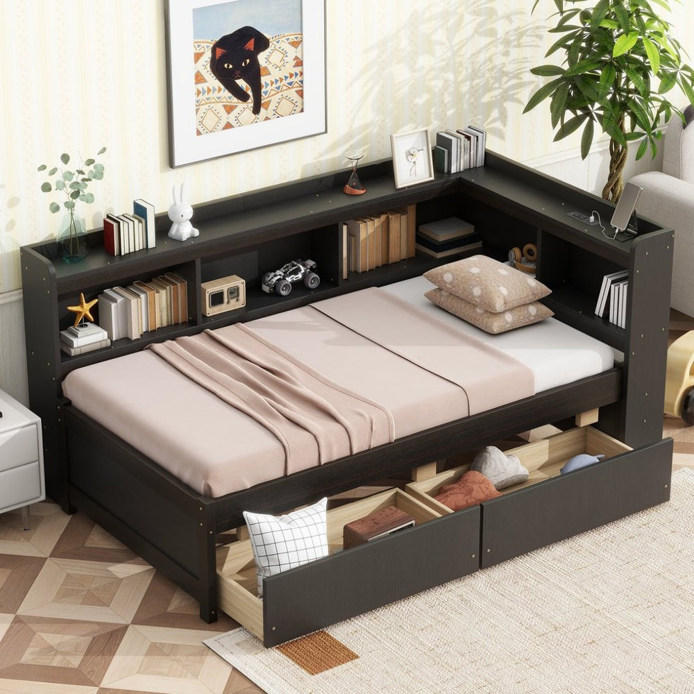English Elm Twin Platform Bed with L-shaped Bookcase Built-in Power Hub and Two Storage Drawers W504S00334