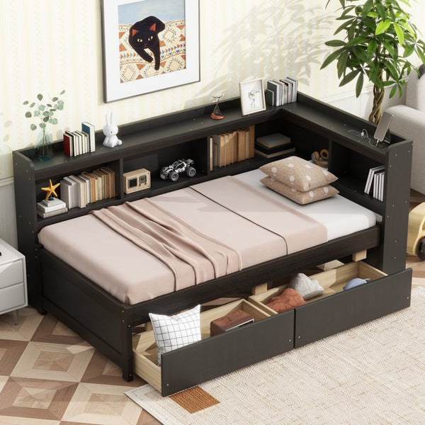 English Elm Twin Platform Bed with L-shaped Bookcase Built-in Power Hub and Two Storage Drawers W504S00334