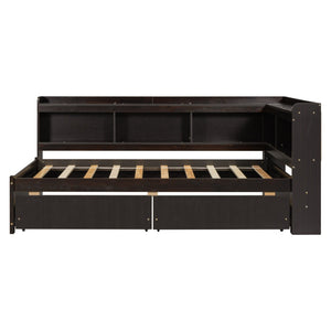 English Elm Twin Platform Bed with L-shaped Bookcase Built-in Power Hub and Two Storage Drawers W504S00334