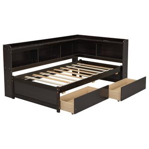 English Elm Twin Platform Bed with L-shaped Bookcase Built-in Power Hub and Two Storage Drawers W504S00334