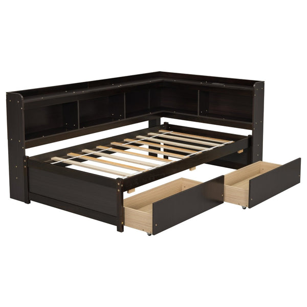 English Elm Twin Platform Bed with L-shaped Bookcase Built-in Power Hub and Two Storage Drawers W504S00334