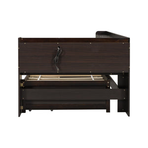 English Elm Twin Platform Bed with L-shaped Bookcase Built-in Power Hub and Two Storage Drawers W504S00334