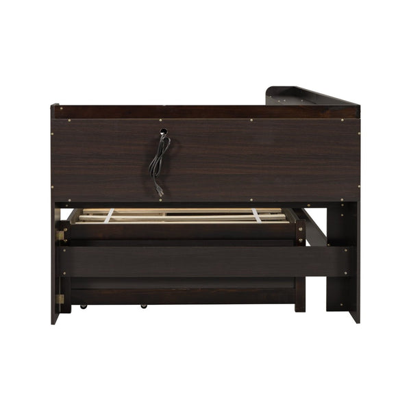 English Elm Twin Platform Bed with L-shaped Bookcase Built-in Power Hub and Two Storage Drawers W504S00334