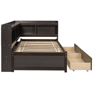 English Elm Twin Platform Bed with L-shaped Bookcase Built-in Power Hub and Two Storage Drawers W504S00334