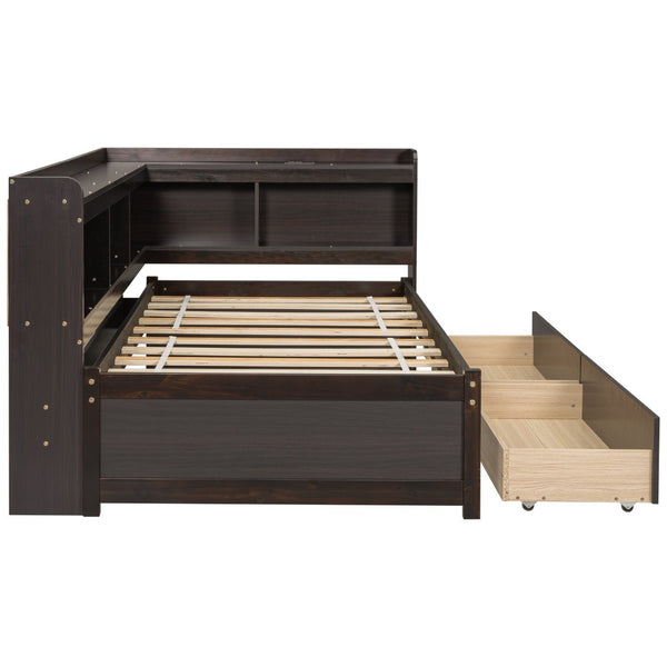 English Elm Twin Platform Bed with L-shaped Bookcase Built-in Power Hub and Two Storage Drawers W504S00334