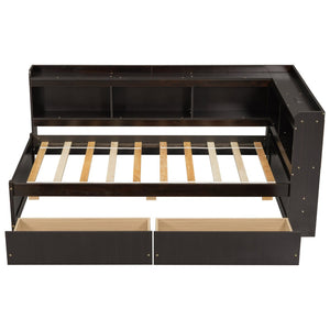 English Elm Twin Platform Bed with L-shaped Bookcase Built-in Power Hub and Two Storage Drawers W504S00334