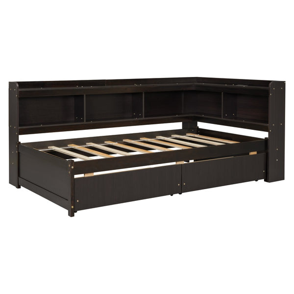 English Elm Twin Platform Bed with L-shaped Bookcase Built-in Power Hub and Two Storage Drawers W504S00334