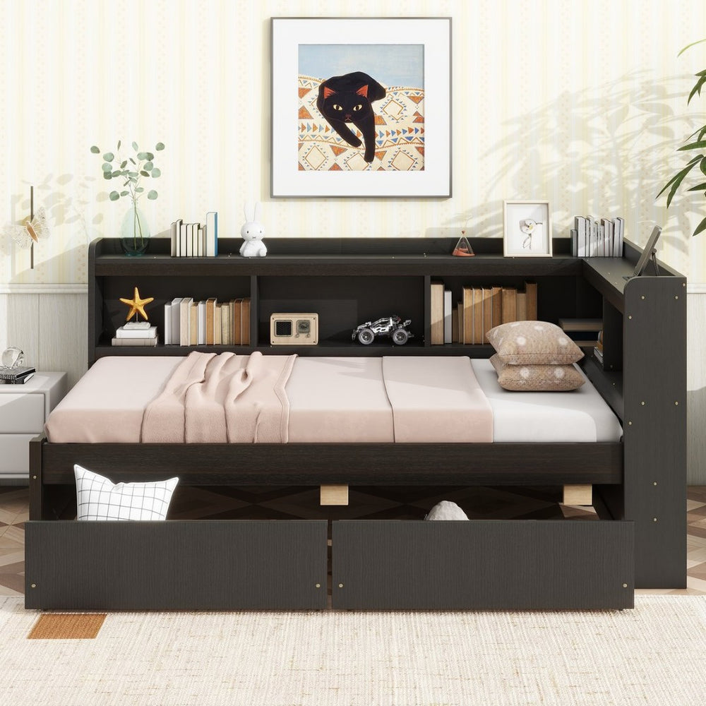 English Elm Twin Platform Bed with L-shaped Bookcase Built-in Power Hub and Two Storage Drawers W504S00334