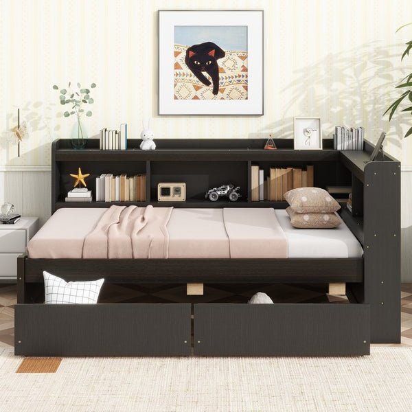 English Elm Twin Platform Bed with L-shaped Bookcase Built-in Power Hub and Two Storage Drawers W504S00334