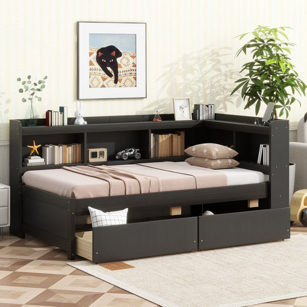 English Elm Twin Platform Bed with L-shaped Bookcase Built-in Power Hub and Two Storage Drawers W504S00334