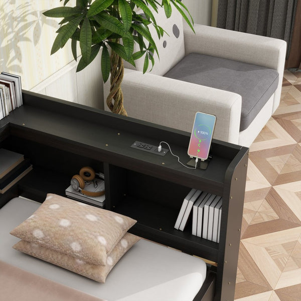 English Elm Twin Platform Bed with L-shaped Bookcase Built-in Power Hub and Two Storage Drawers W504S00334