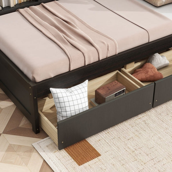 English Elm Twin Platform Bed with L-shaped Bookcase Built-in Power Hub and Two Storage Drawers W504S00334