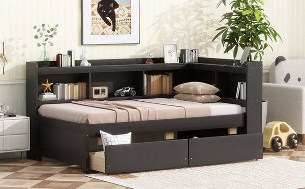 English Elm Twin Platform Bed with L-shaped Bookcase Built-in Power Hub and Two Storage Drawers W504S00334