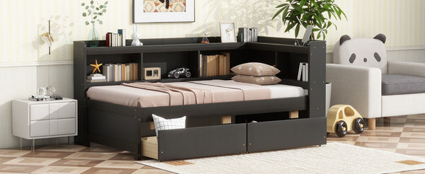 English Elm Twin Platform Bed with L-shaped Bookcase Built-in Power Hub and Two Storage Drawers W504S00334
