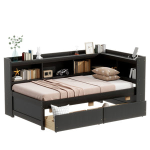 English Elm Twin Platform Bed with L-shaped Bookcase Built-in Power Hub and Two Storage Drawers W504S00334