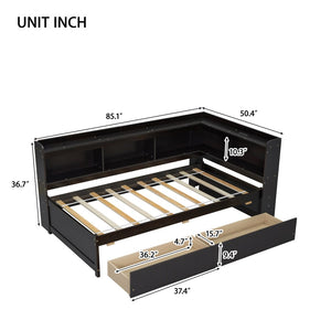 English Elm Twin Platform Bed with L-shaped Bookcase Built-in Power Hub and Two Storage Drawers W504S00334