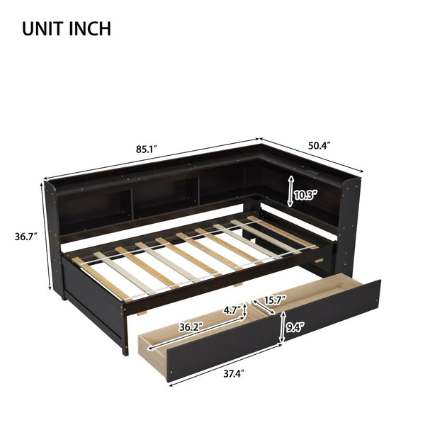 English Elm Twin Platform Bed with L-shaped Bookcase Built-in Power Hub and Two Storage Drawers W504S00334