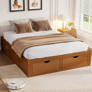 English Elm Queen Platform Bed Solid Pine Frame Six Storage Drawers Low Profile Walnut Finish Walnut W504S00335