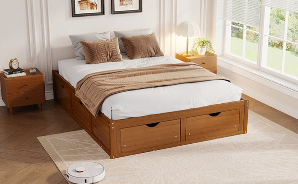 English Elm Queen Platform Bed Solid Pine Frame Six Storage Drawers Low Profile Walnut Finish Walnut W504S00335