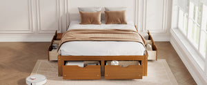English Elm Queen Platform Bed Solid Pine Frame Six Storage Drawers Low Profile Walnut Finish Walnut W504S00335