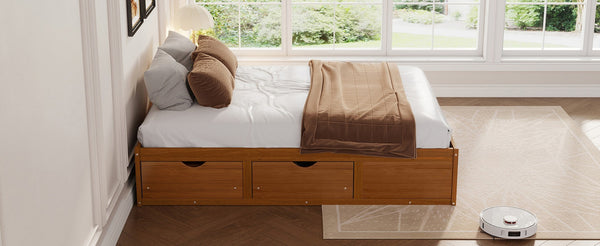 English Elm Queen Platform Bed Solid Pine Frame Six Storage Drawers Low Profile Walnut Finish Walnut W504S00335
