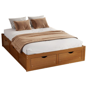 English Elm Queen Platform Bed Solid Pine Frame Six Storage Drawers Low Profile Walnut Finish Walnut W504S00335