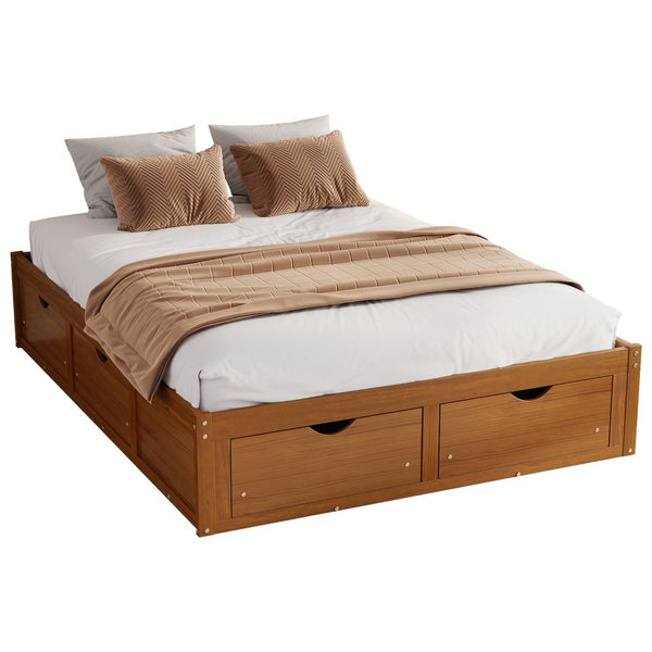 English Elm Queen Platform Bed Solid Pine Frame Six Storage Drawers Low Profile Walnut Finish Walnut W504S00335