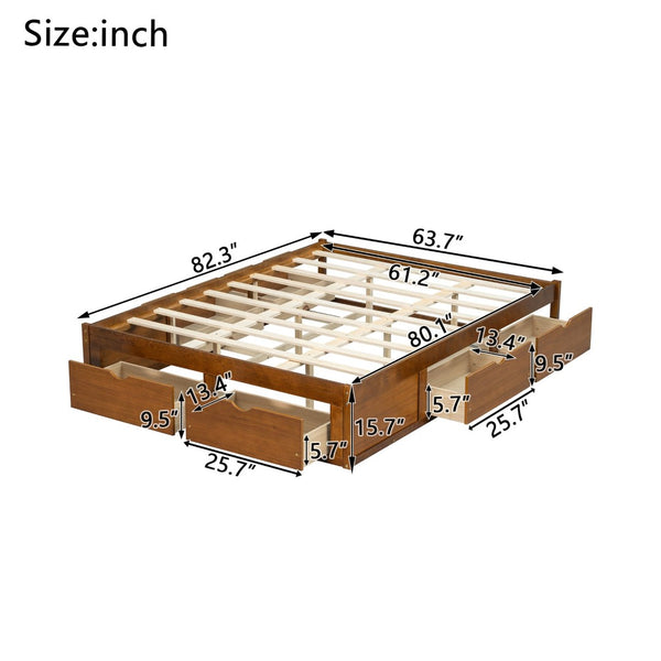 English Elm Queen Platform Bed Solid Pine Frame Six Storage Drawers Low Profile Walnut Finish Walnut W504S00335