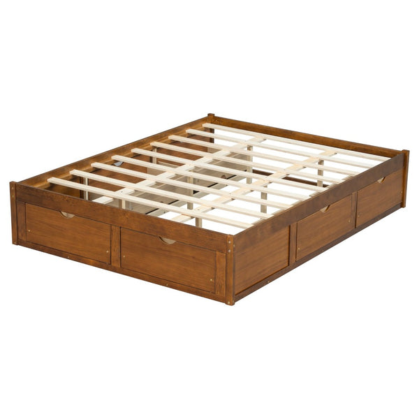 English Elm Queen Platform Bed Solid Pine Frame Six Storage Drawers Low Profile Walnut Finish Walnut W504S00335